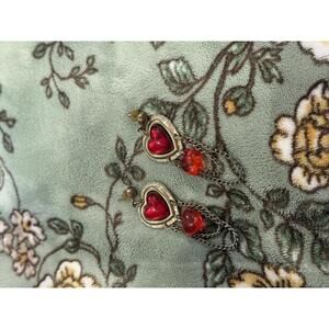 Vintage Heart-Shaped Dangle Earrings with Red  Accents